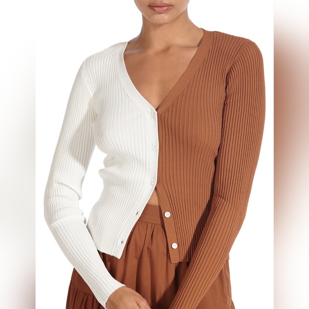 STAUD Colorblock Ribbed Cardigan in Tan White